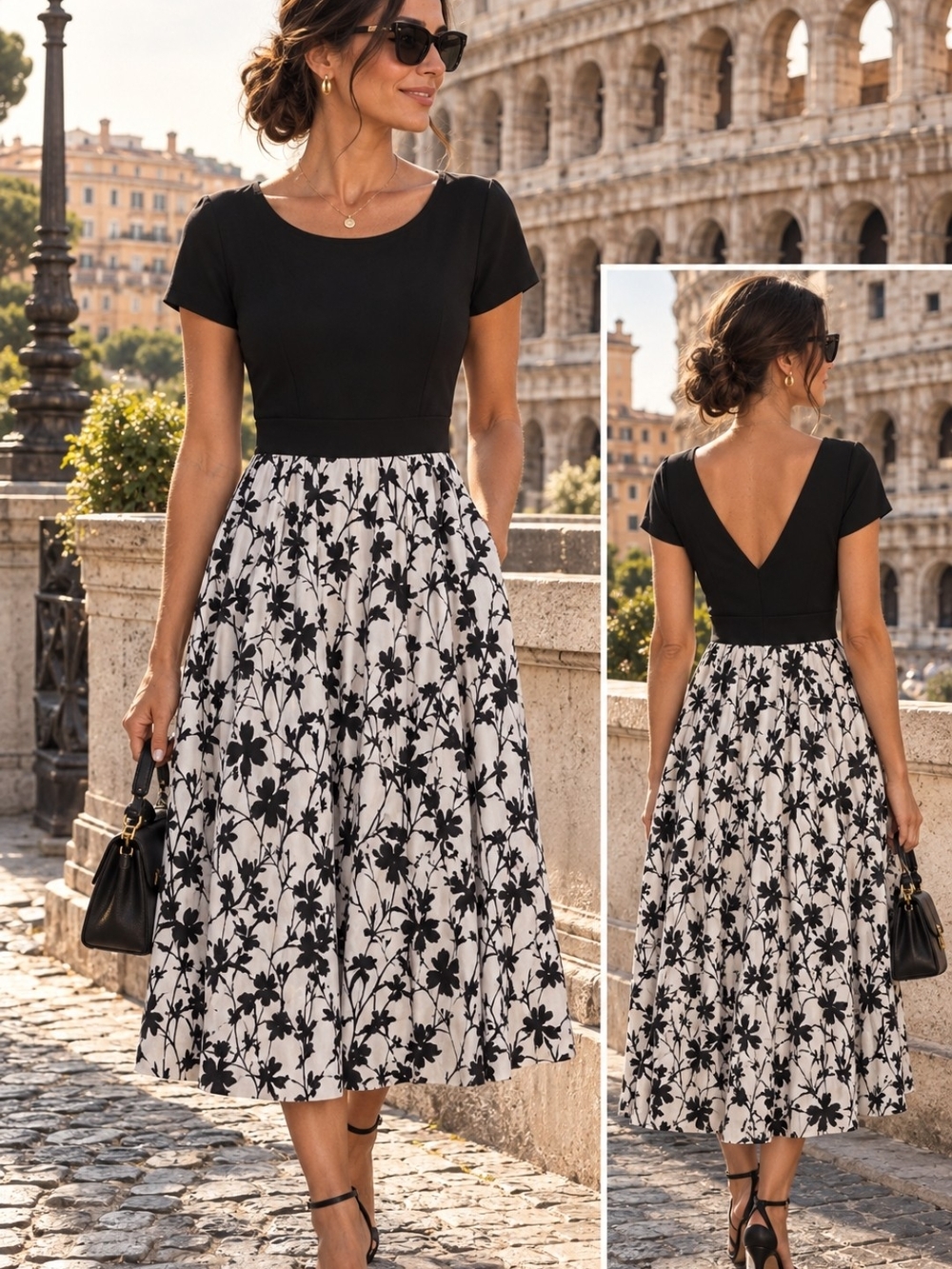 Sandro Ferrone Elegant Black & White Floral Midi Dress